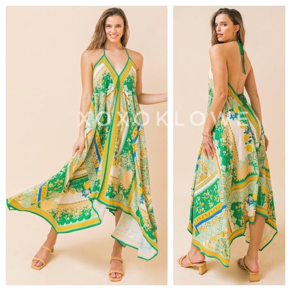 Boho Print Hanky Hem Halter Midi Dress - Picture 7 of 10